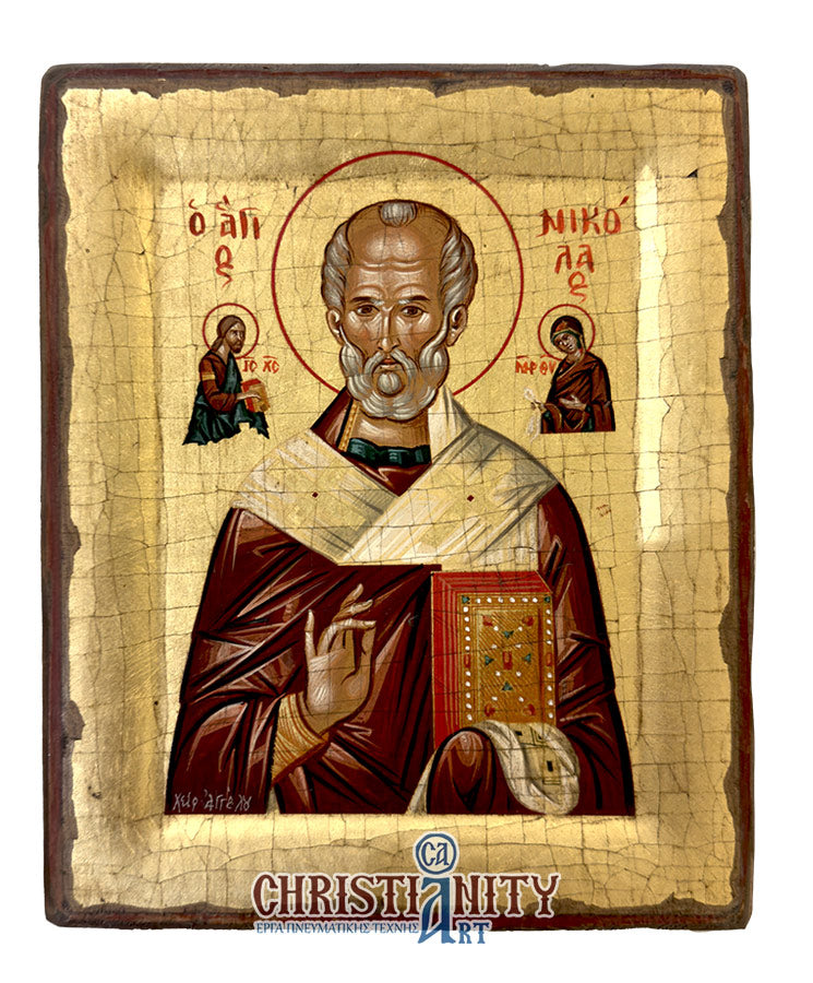 Saint Nicolaos - 100% handpainted wooden icon in canvas with gold background - Mount Athos