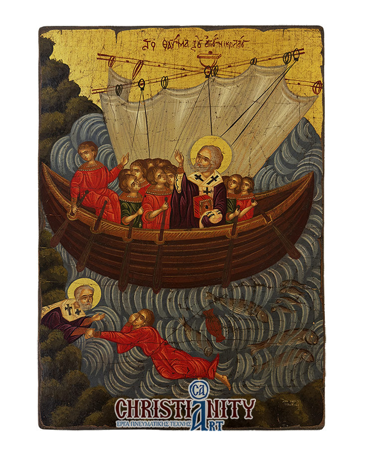 The Miracle of Saint Nicolaos - 100% handpainted wooden icon in canvas with gold background - Mount Athos