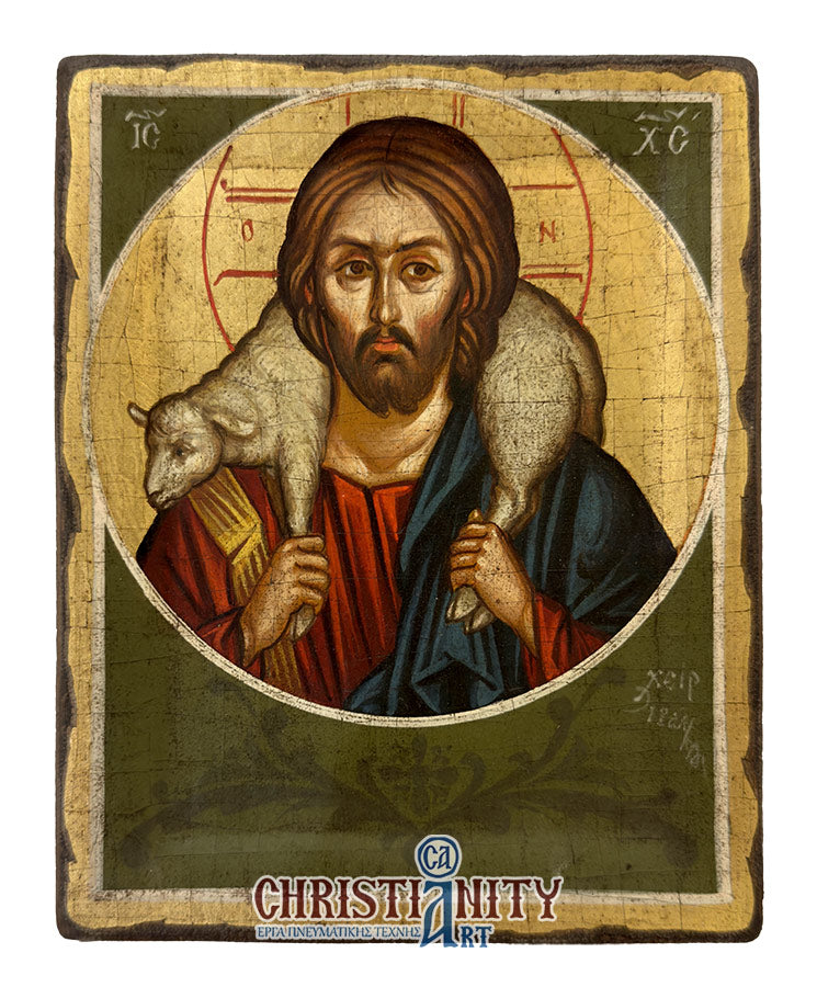 Jesus Christ Good Shepherd - 100% handpainted wooden icon in canvas with gold background - Mount Athos