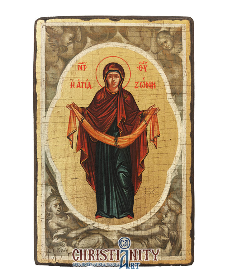 Virgin Mary Holy Belt - 100% handpainted wooden icon in canvas with gold background - Mount Athos