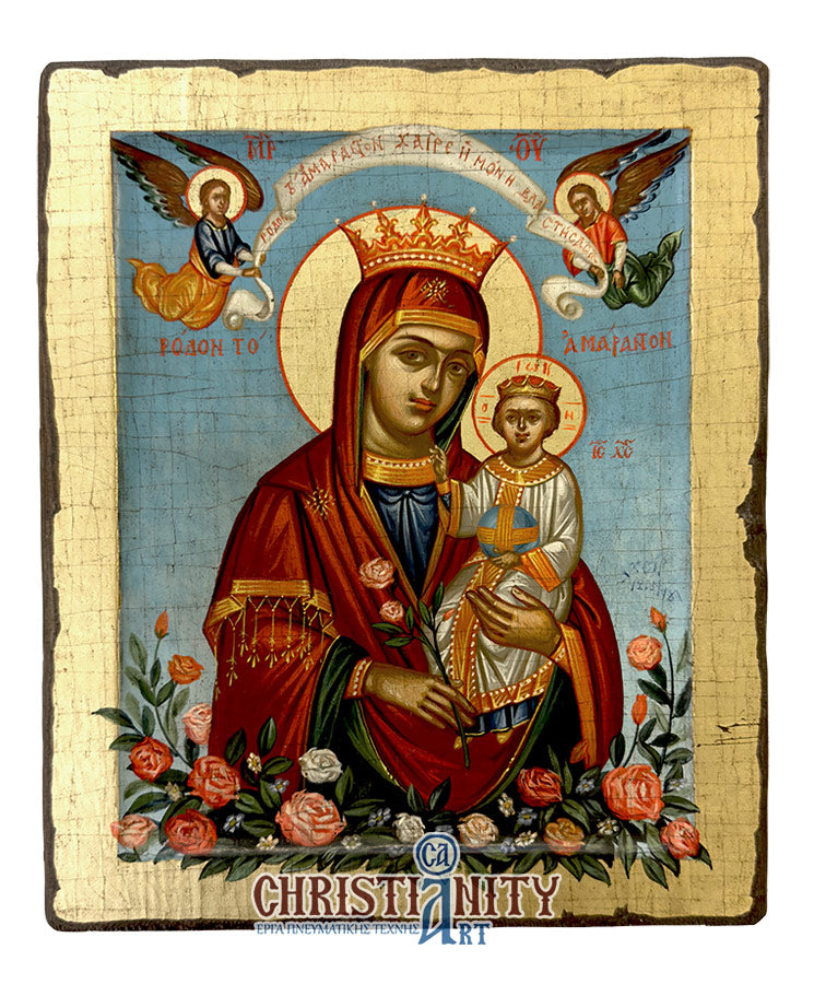 Virgin Mary of Roses - 100% handpainted wooden icon in canvas with gold background - Mount Athos