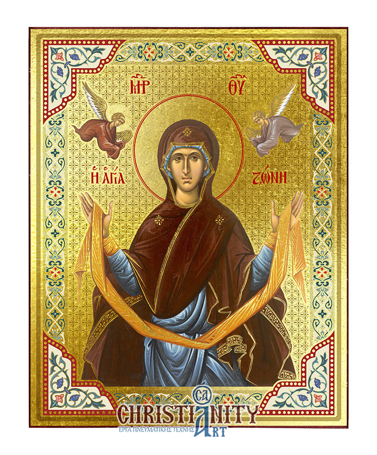 Virgin Mary Holy Belt - Child Holding - Wooden Icon with Gold Background and High-Quality Print (Lithography) - Mount Athos