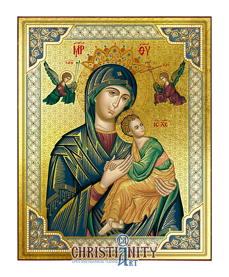 Virgin Mary Perpetual Help - Wooden Icon with Gold Background and High-Quality Print (Lithography) - Mount Athos