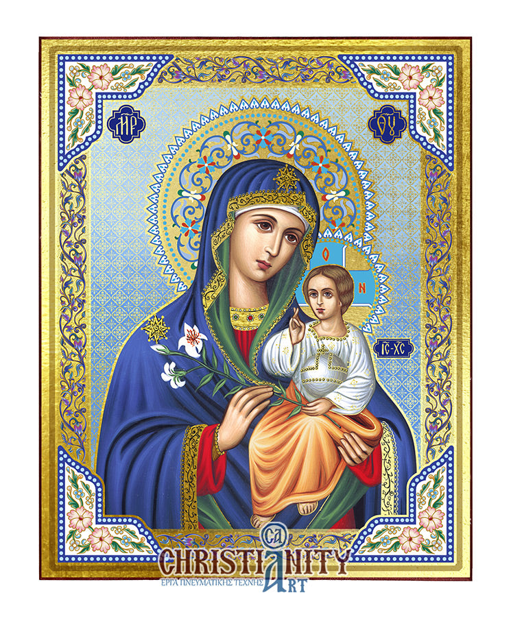 Virgin Mary Eternal Bloom - Wooden Icon with Gold Background and High-Quality Print (Lithography) - Mount Athos