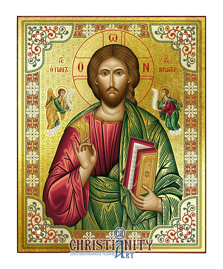 Jesus Christ Pantocrator - Wooden Icon with Gold Background and High-Quality Print (Lithography) - Mount Athos